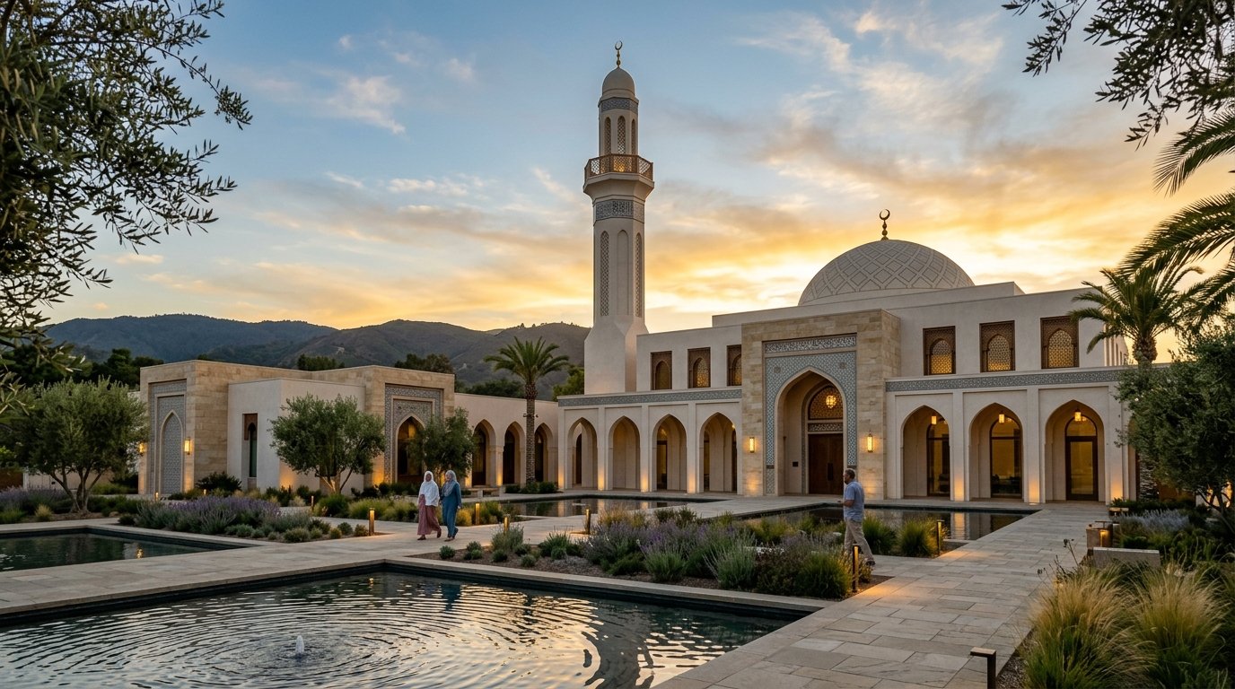 Masjid Hamada exterior in Fremont, California at golden hour